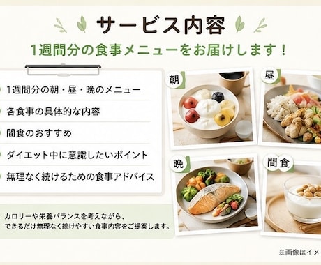 あなた専用のダイエット献立作ります 【1週間分】無理なく続けるダイエットメニューを作成します！ イメージ2