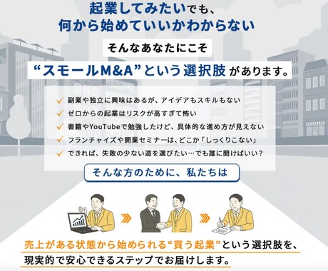 事業を買収（M&A）して起業する方法を教えます アイディアがなくてもできる起業のリアルな手法をお伝えします。 イメージ2