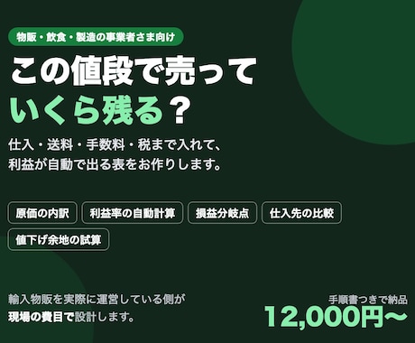 原価計算・利益シミュレーション表を作ります いくら残るかを、その場で出せる表に イメージ1