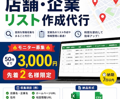 店舗・企業リストを作成します 面倒な情報収集やリスト作成を代行します！ イメージ1