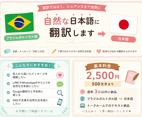 ブラジルポルトガル語を自然な日本語に翻訳します 直訳ではなく気持ちまで伝わる自然な翻訳 イメージ1