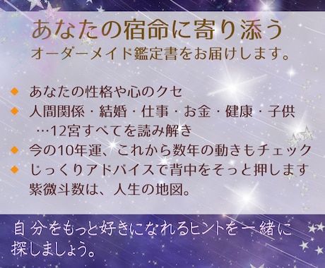 紫微斗数フル鑑定｜12宮で宿命の設計図を作ります 神秘の東洋占術で、あなたの運命とお悩みに寄り添います イメージ2
