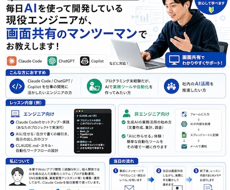あなたのClaudeスキルをハンズオンで伸ばします 作業が10倍速に|画面共有でAIコーディングを実践レッスン イメージ1