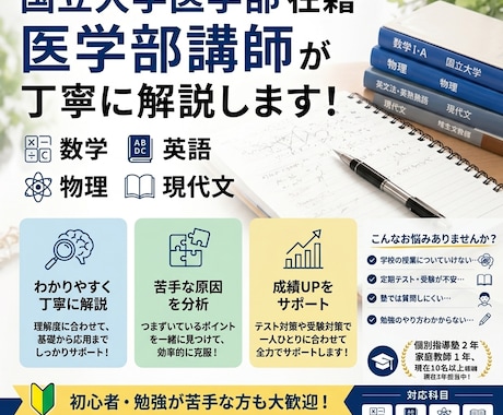 医学部講師が数学・英語・物理・現代文を解説します 60分 / 丁寧解説 / 初心者歓迎 イメージ1