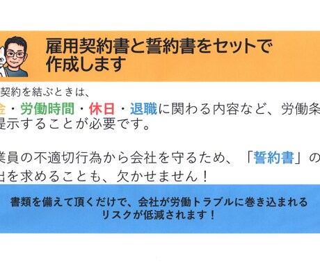 雇用契約書と従業員誓約書をセットで作成いたします 従業員にしっかり働いてもらう・不適切行為から会社を守るために イメージ1