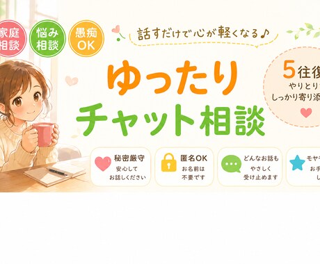 チャットで5往復！何でもお話しお聞きします 悩み事、愚痴や暇つぶし何でも聞きます。 イメージ1