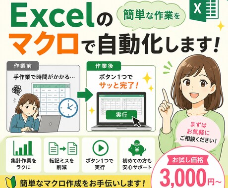 Excelの面倒な作業をマクロで自動化します 日々の繰り返し作業をラクにする「ちょっと便利なマクロ」を作成 イメージ1