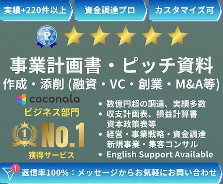 VC・融資|事業計画書・ピッチ資料作成・添削します 数億円超の資金調達・実績多数 | 経営11年のプロがサポート イメージ1