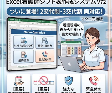 Excelマクロだけで看護師シフトを自動作成します シフト作成に悩む師長様の負担を劇的に改善します。 イメージ1