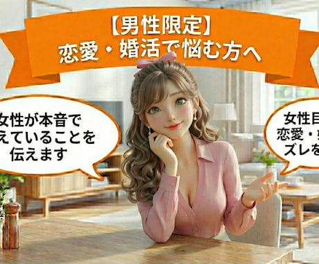 男性限定！恋愛・婚活の女心を整理し、迷いが減ります 女性目線で現実的な本音をお伝えします イメージ1