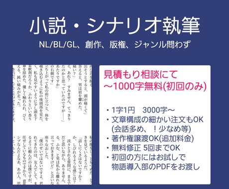 お試し1000字無料！あなた専用の小説を書きます NL/BL/GL、創作、版権なんでもご要望にお応えします！