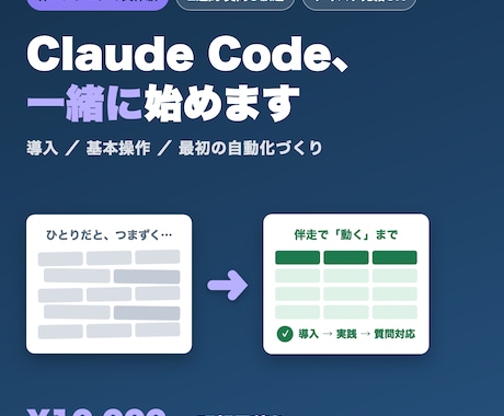 Claude Codeの始め方を伴走サポートします 非エンジニアの実体験で、最初の一歩を迷わせない。 イメージ1