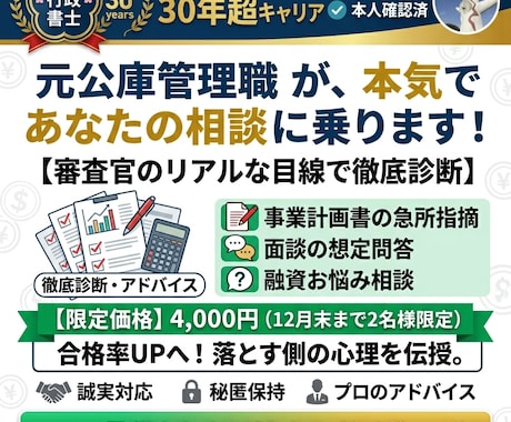 元公庫管理職が融資の借り換えや返済アドバイスします 【元決裁者が診断】返済の不安を解消！最適な資金繰りを助言！ イメージ1