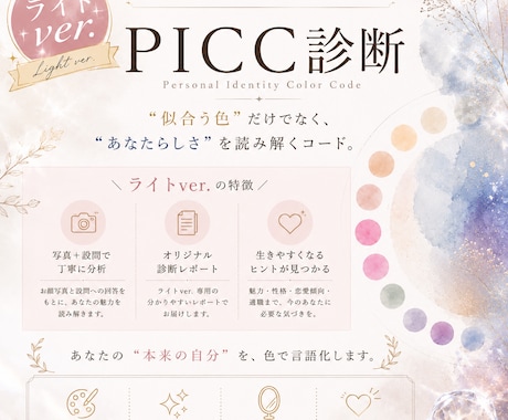 写真と設問回答であなたの本質や魅力まで言語化します 【ライトver.】おとなし独自理論のカラー診断｜PICC診断 イメージ1