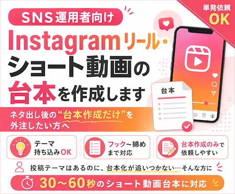 SNS運用者向け｜投稿・ショートの台本を作成します ネタ出し後の“台本作成だけ”を外注したいSNS運用者さま向け イメージ1