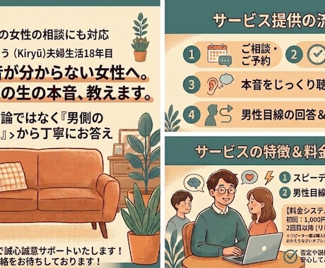 夫や彼氏の気持ちが分からない女性の悩み聴きます 結婚18年目の男の本音で回答！複雑な男性心理に寄り添います イメージ1
