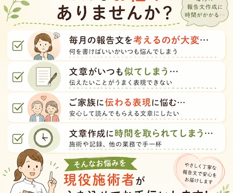 訪問マッサージのご家族向け報告文を作成します 毎月悩む報告文を、やさしく伝わる文章に整えます イメージ2