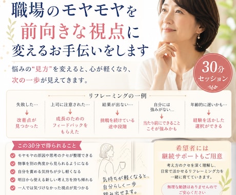 職場のモヤモヤを整理して新しい視点を見つけます 悩みとの向き合い方を変える、大人のリフレーミング体験30分 イメージ1