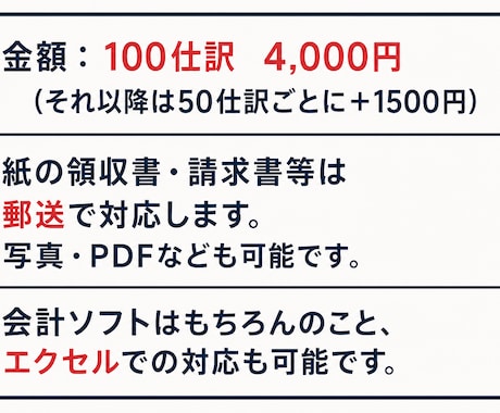 領収書・銀行、クレカ明細などの記帳代行します 現役会計事務所勤務で迅速かつ丁寧にできるようにします！ イメージ2