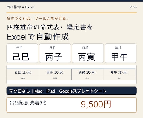四柱推命の命式表・鑑定書をExcel自動作成します イメージ1