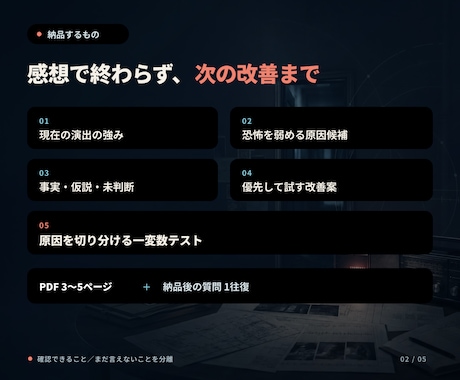 ホラー作品の恐怖演出を分析・改善します 「怖くない原因」を言語化し、作品に合う改善案をご提案 イメージ2