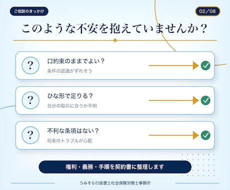 行政書士兼社労士が実務直結の契約書を作成します 作成実績数千件。1か月修正無制限。原案は通常3営業日 イメージ2