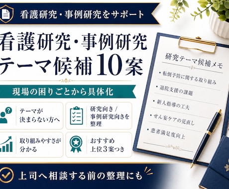 看護研究・事例研究テーマ候補を10案作成します 現場の悩みをもとに、取り組みやすい上位3案まで提案 イメージ1