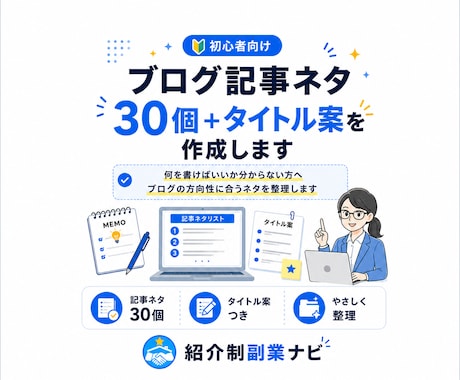 ブログ記事ネタ30個＋タイトル案を作成します 初心者向け｜何を書けばいいかを見える化します イメージ1