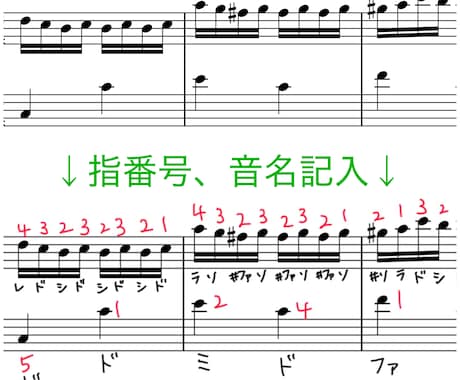 ピアノの楽譜に〈指番号・音名〉記入します イメージ1