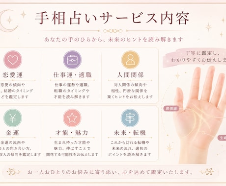 恋愛、仕事、未来…あなたの運勢を鑑定します 手相からあなたの運勢を丁寧に鑑定。手のひらに眠る運命と才能 イメージ2