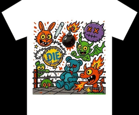 サブカル×ポップなTシャツイラスト制作します ゆるキャラ×バイオレンス。クセのあるポップ系Tシャツに！ イメージ2