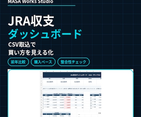 JRA投票成績CSVを収支ダッシュボードに整えます 月別・競馬場別・騎手別・調教師別をまとめて見える化 イメージ1