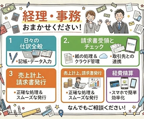 日々の記帳・経理代行します 勘定奉行、弥生会計、BillOne、楽楽精算等可能◎ イメージ1