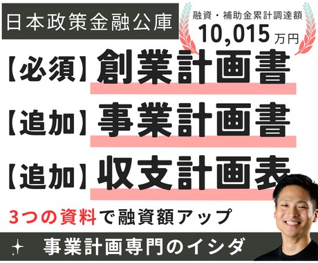 公庫融資の創業計画書と追加書類で成功率上げます 経営や面談に役立つオリジナル計画。大手コンサル/認定支援機関 イメージ1
