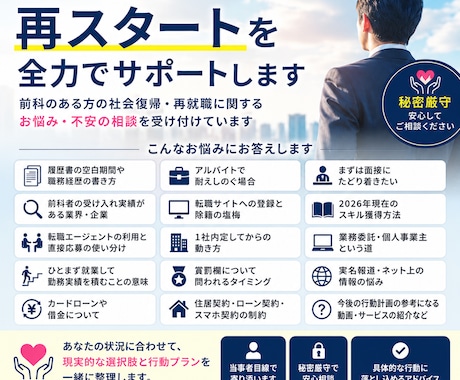 前科のある方 再就職・キャリア形成の相談乗ります 前科があることで就職・転職・独立・生活に不安を抱えている方へ イメージ1