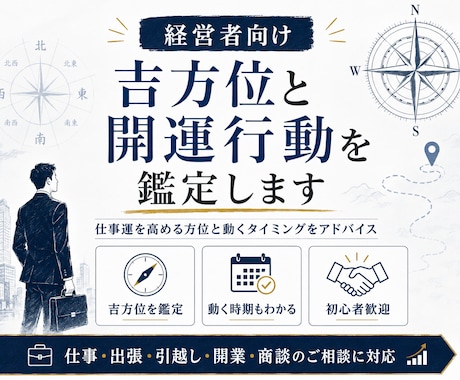 経営者向けに吉方位と開運行動を鑑定します 仕事運を高める方位と動くタイミングを鑑定 イメージ1