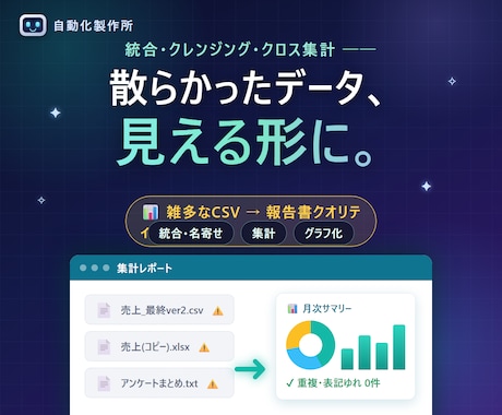 散らかったデータの整理・集計・グラフ化します バラバラのCSV・Excelを、見やすい資料に仕上げます イメージ1