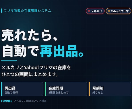 メルカリの在庫管理と自動再出品を月額提供しまます 売れたら自動で再出品。2販路の在庫をひとつの画面で管理 イメージ1