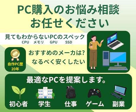 パソコン、周辺機器の購入アドバイスを行います パソコン/ノートパソコン/モニター/スピーカー イメージ1