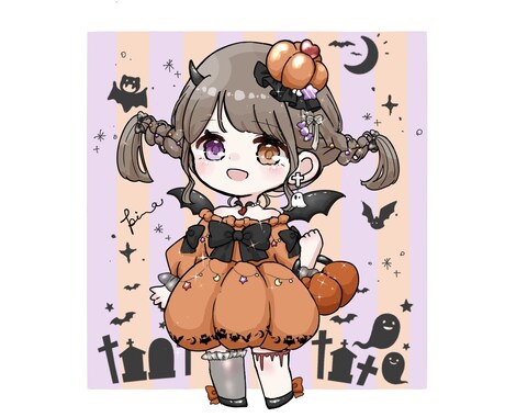 ハロウィンミニキャライラストお描きします 基本の髪型、目の色色変更でお安く、オプションで髪型変更も可能 イメージ1