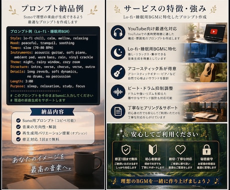 Suno専用AI音楽生成プロンプト目的別作成します 理想の音楽をSunoで形にするプロンプトを作成します イメージ2