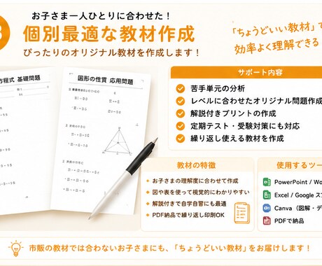 苦手に合わせたオリジナル数学教材を作成しますます 「市販教材だと合わない…」を解決する、完全オーダーメイド教材 イメージ1