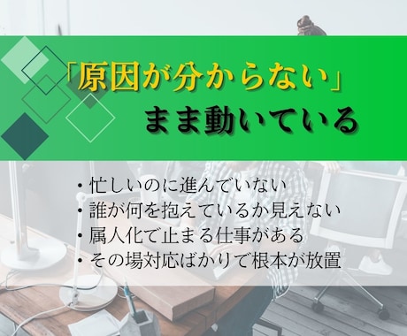 何から手をつけるか分からない業務を整理します 業務を見える化、整理することで、回る状態にします。 イメージ2