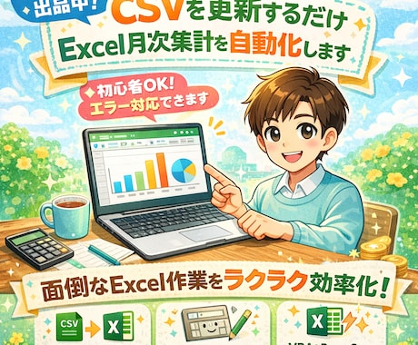 CSVを入れて更新｜Excel月次集計自動化します Excel手作業をなくしたい方へ。   CSV集計を自動化! イメージ1