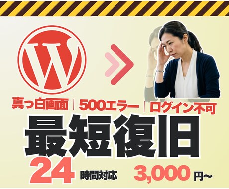 24時間対応→WordPress不具合→解決します 真っ白画面,500エラー,ログイン不可,404→最短で正常へ イメージ1
