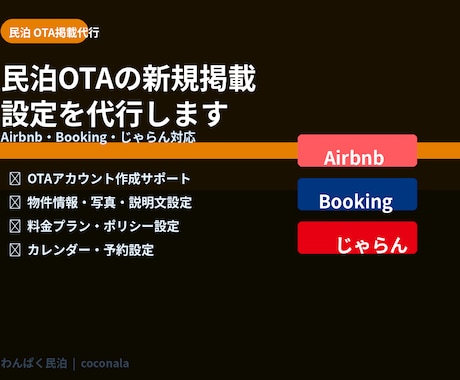 民泊OTA新規掲載設定を代行します Airbnb・Booking・じゃらん初期設定を代行 イメージ1