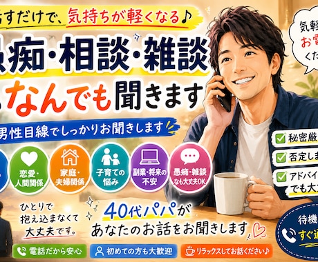 関西40代パパが愚痴・相談・雑談なんでも聞きます 男性ならではの視点で、  あなたのお話をお聞きします。 イメージ1