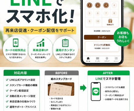 紙のスタンプカードをLINEでデジタル化します 再来店促進・クーポン配信・LINE運用対応 イメージ1