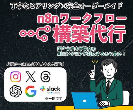 完全オーダーメイドの自動化ワークフローを作成します 現役AIエンジニアがお客様のニーズに合ったn8nフローを開発 イメージ1