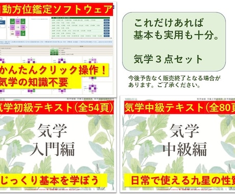 九星気学　方位鑑定者の養成セットを提供します テキスト入門〜中級＋気学自動方位鑑定ソフト 3点セット イメージ1